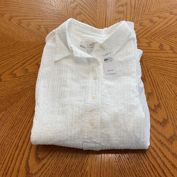 NWT  Loft Crisp White Crinkle Dolman Henley Shirt Size Large - Picture 4 of 10